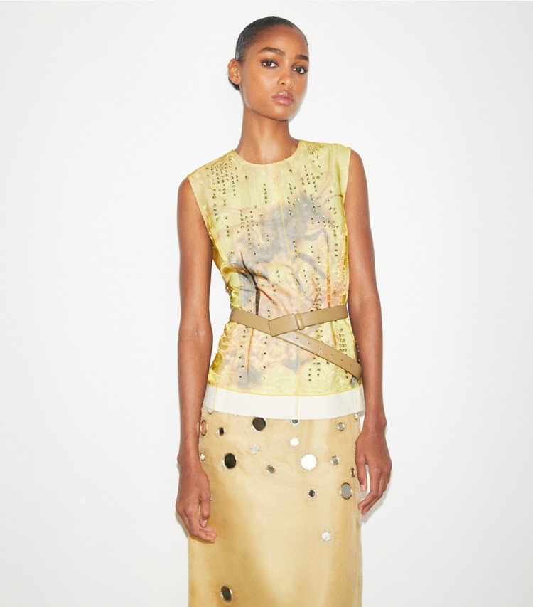 Tory Burch designer tops Printed Organza Shell Top in Yellow Bee on model detail