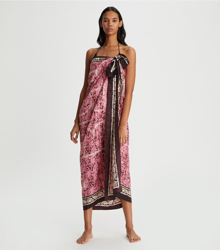 Tory Burch designer scarves Printed Oversized Silk Square Scarf in Pink Batik accessory on model