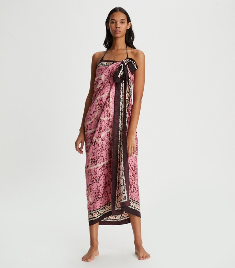 Tory Burch designer scarves Printed Oversized Silk Square Scarf in Pink Batik overhead