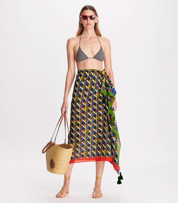 Tory Burch designer coverups Printed Pareo in Black Basketweave on model front