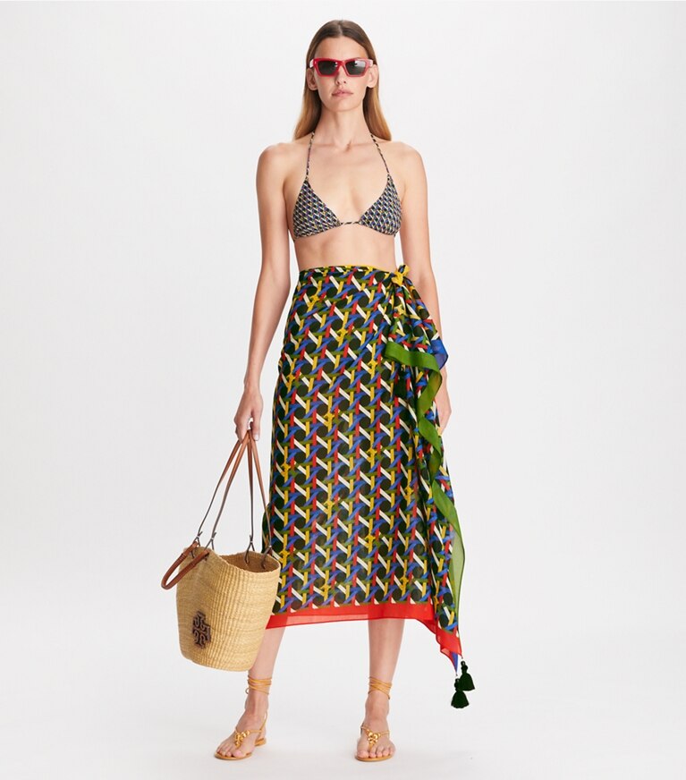 Tory Burch designer coverups Printed Pareo in Black Basketweave front