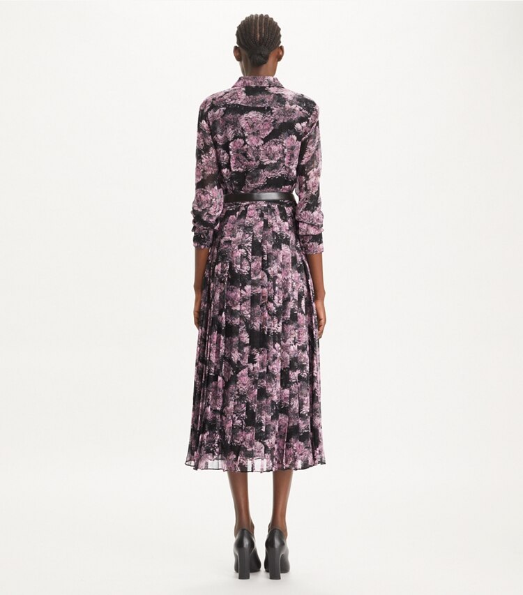Tory Burch designer dresses Printed Pleated Silk Dress in Pink Pixel Floral on model back