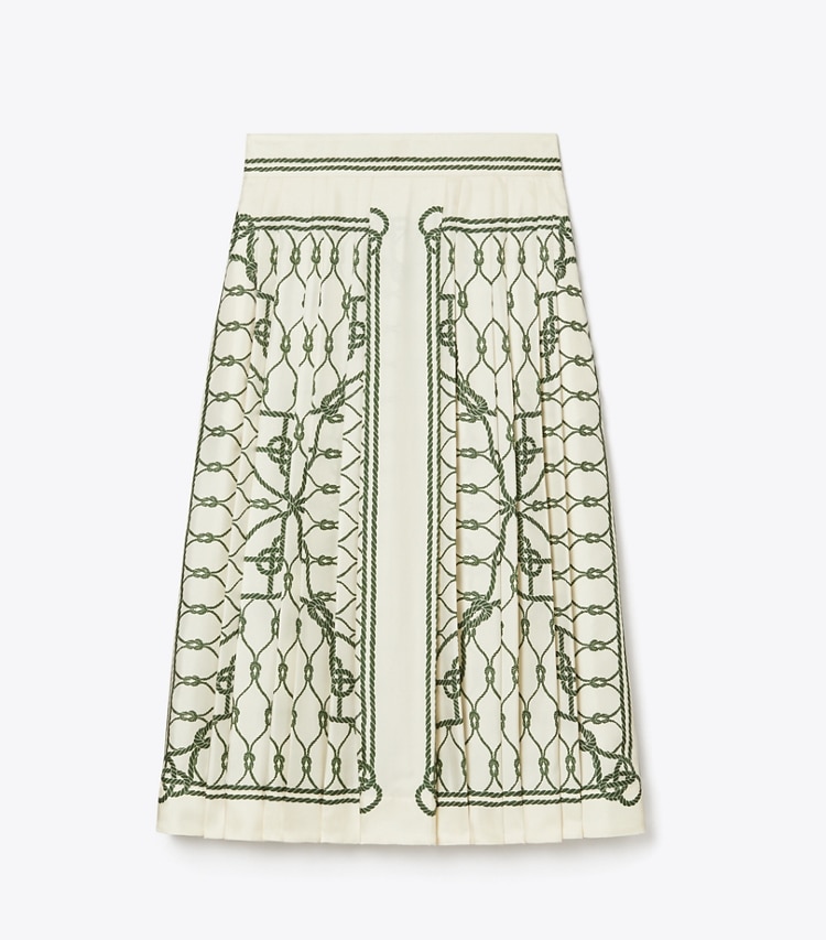 Tory Burch designer bottoms Printed Pleated Silk Skirt in Green Rope front