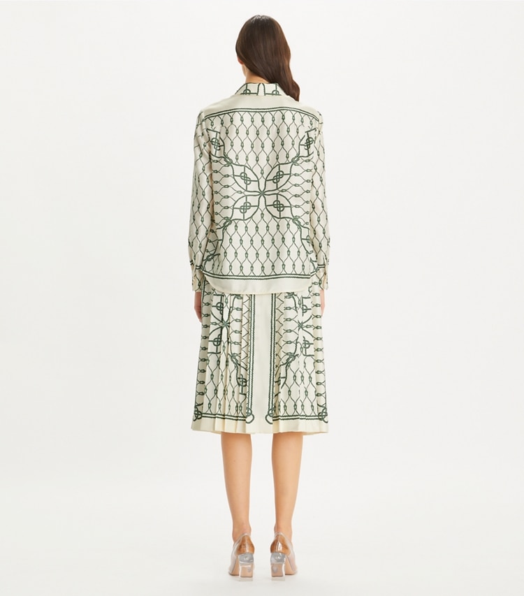 Tory Burch designer bottoms Printed Pleated Silk Skirt in Green Rope on model back