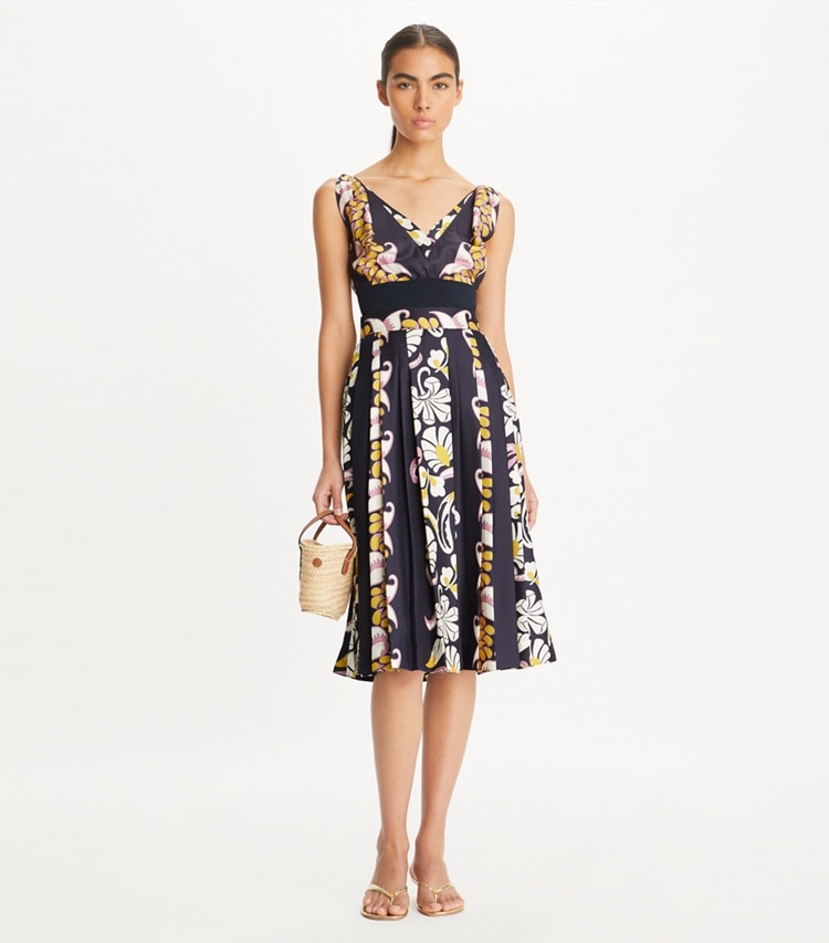 Tory Burch designer bottoms Printed Pleated Silk Skirt in Pink Tropical Border on model front