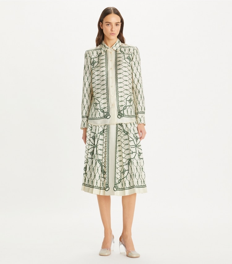 Tory Burch designer bottoms Printed Pleated Silk Skirt in Green Rope on model front