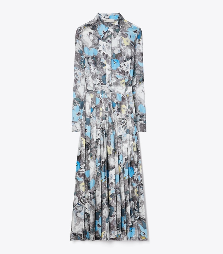 Tory Burch designer dresses Printed Pleated Silk Twill Dress in Blue Abstract Floral front