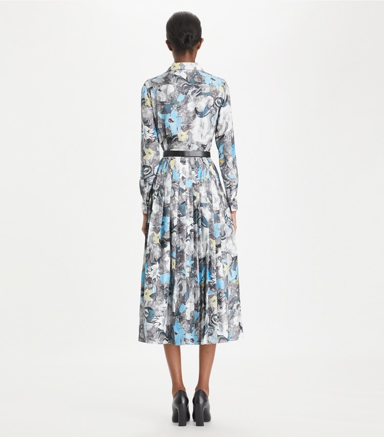 Tory Burch designer dresses Printed Pleated Silk Twill Dress in Blue Abstract Floral on model back