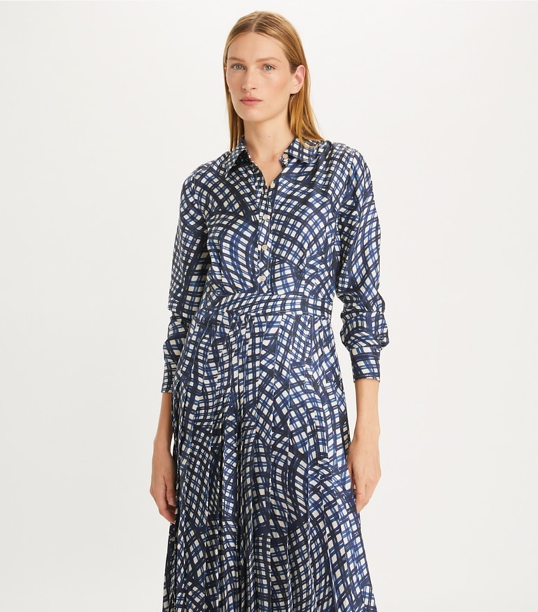 Checked pleated silk shirt dress in multicoloured - Tory Burch