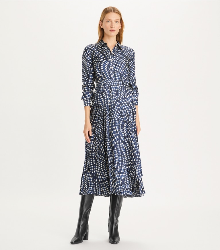 Printed Pleated Silk Twill Dress: Women's Designer Dresses
