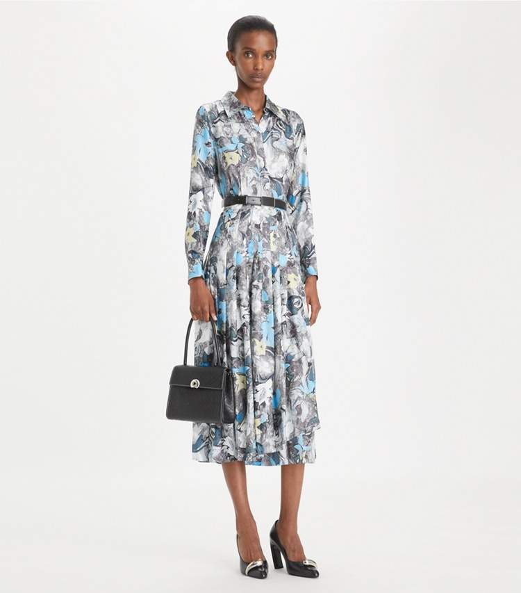 Tory Burch designer dresses Printed Pleated Silk Twill Dress in Blue Abstract Floral on model front