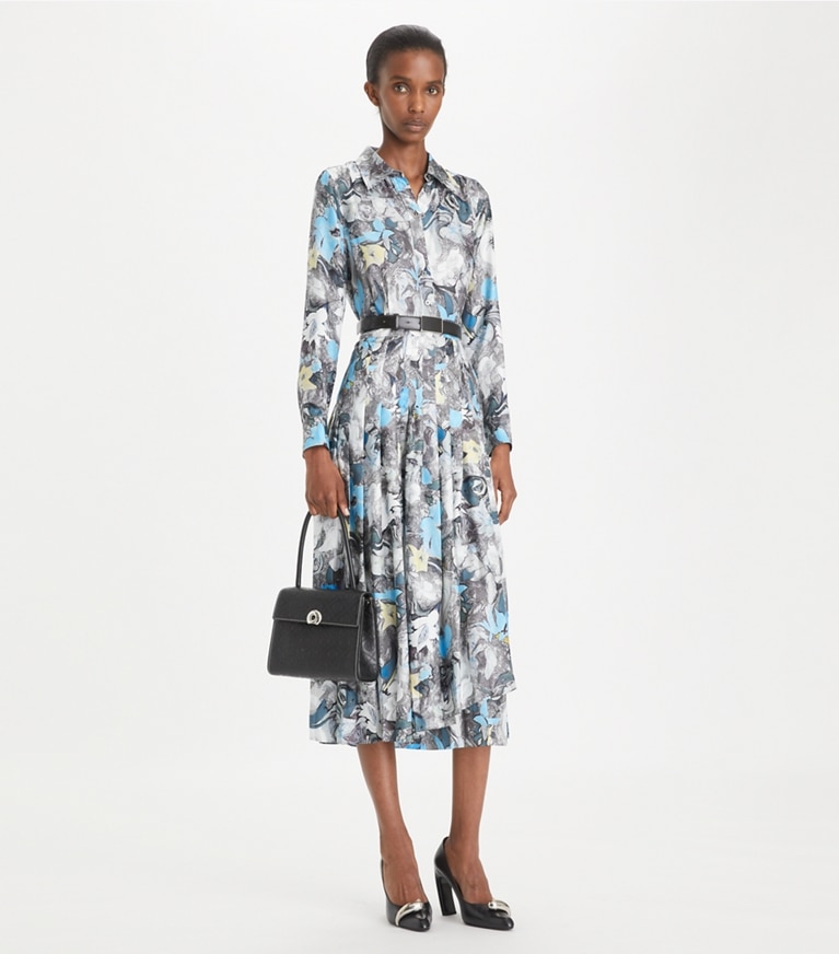 Printed Pleated Silk Twill Dress: Women's Designer Dresses | Tory Burch