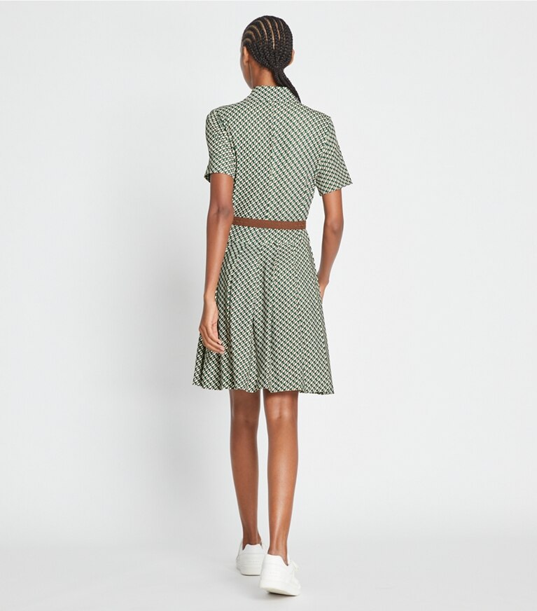 Tory Sport designer dresses Printed Pleated Zip-Front Golf Dress in Mocha Chip Tiled Geo front
