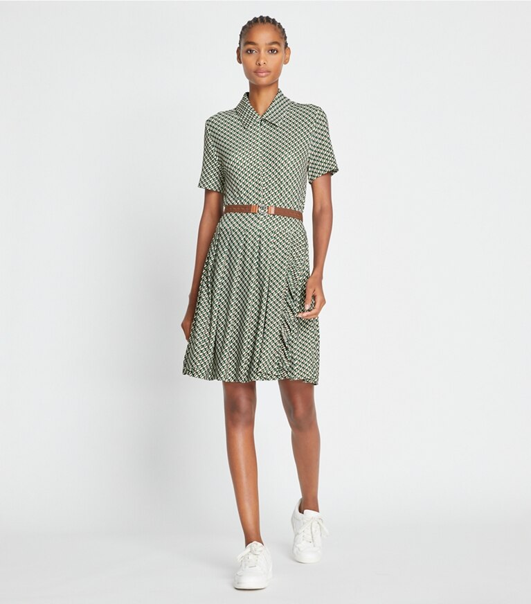 Tory Sport designer dresses Printed Pleated Zip-Front Golf Dress in Mocha Chip Tiled Geo front