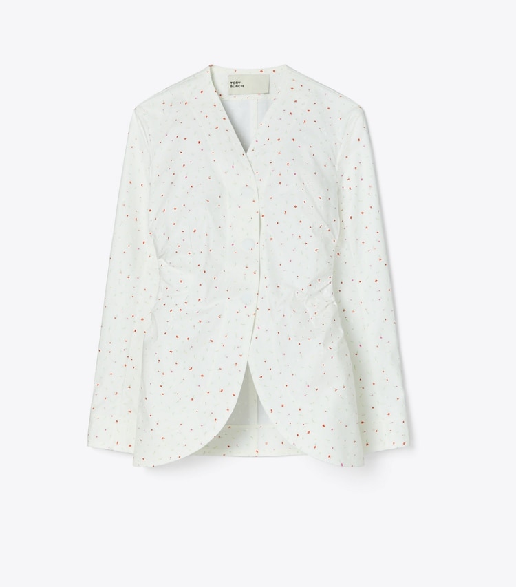 Tory Burch designer jackets Printed Poplin Jacket in White Pigment Ditsy front