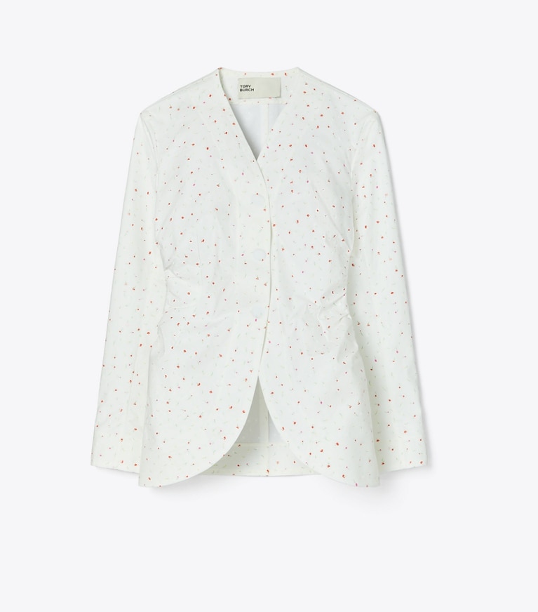 Tory Burch designer jackets Printed Poplin Jacket in White Pigment Ditsy front