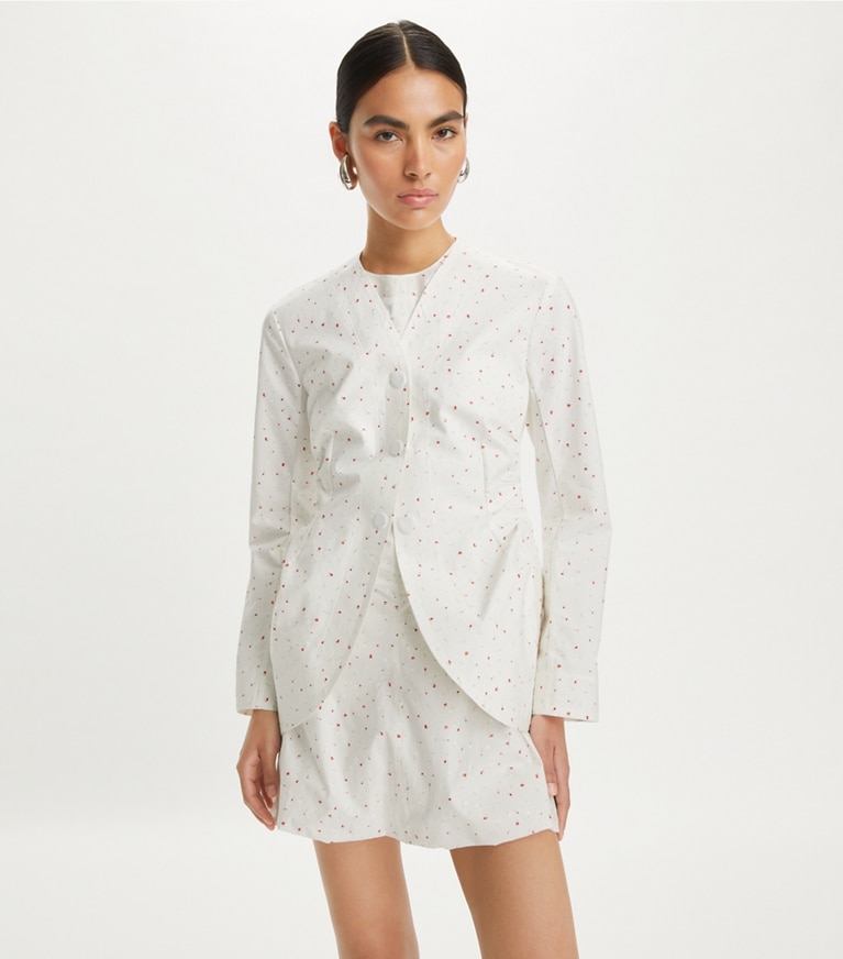 Tory Burch designer jackets Printed Poplin Jacket in White Pigment Ditsy front