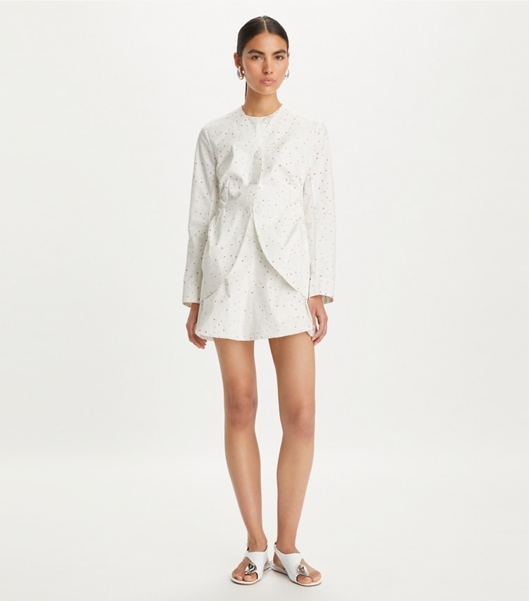 Tory Burch designer jackets Printed Poplin Jacket in White Pigment Ditsy on model front