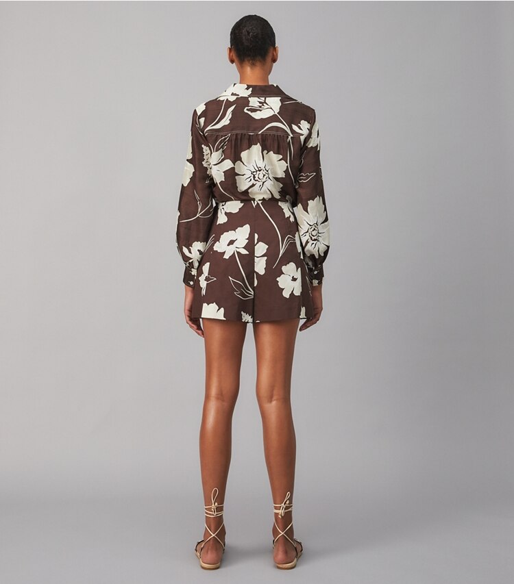 Tory Burch designer bottoms Printed Poplin Skort in DEEP CHOCOLATE DAISY 21 on model back