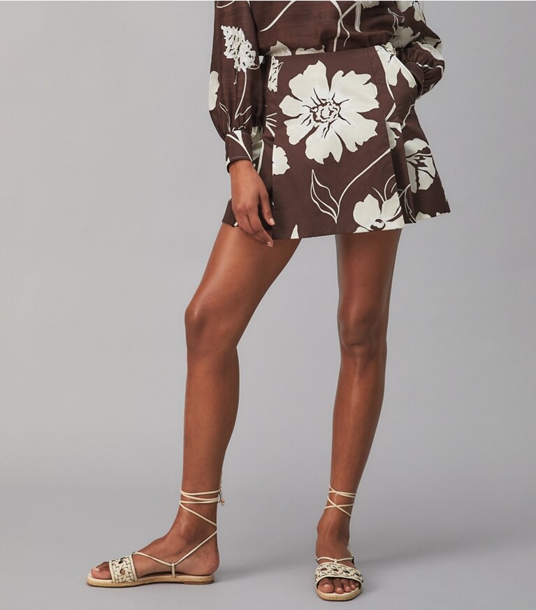 Tory Burch designer bottoms Printed Poplin Skort in DEEP CHOCOLATE DAISY 21 front