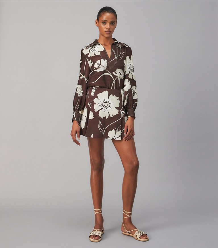 Tory Burch designer bottoms Printed Poplin Skort in DEEP CHOCOLATE DAISY 21 front