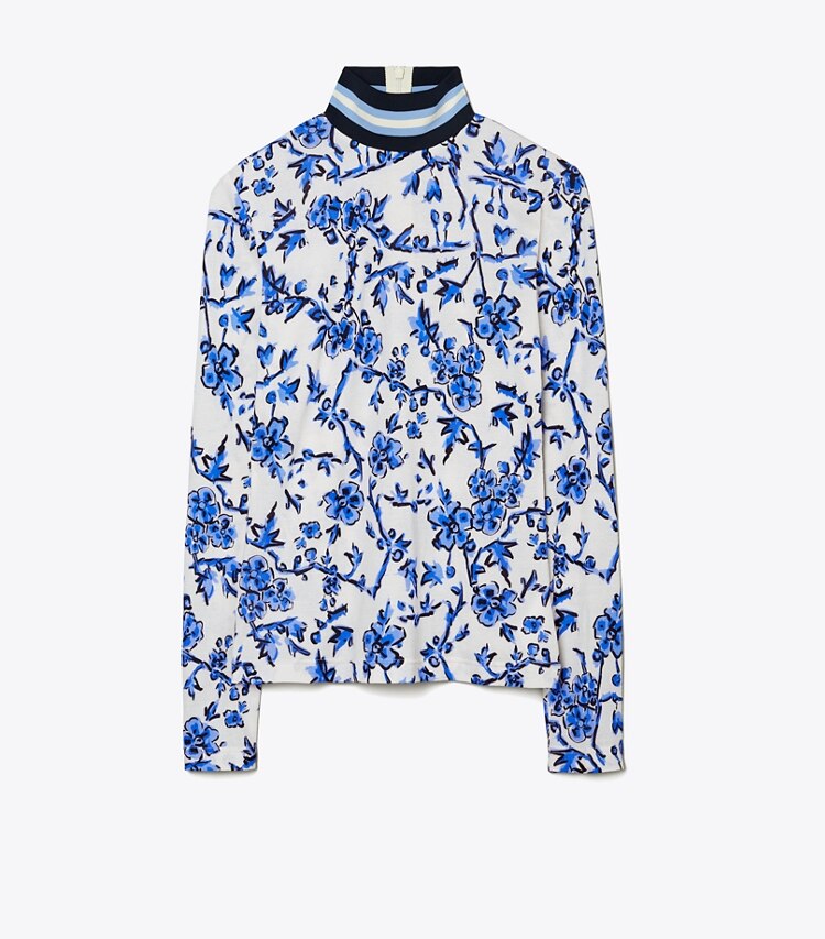 Tory Burch designer tops Printed Rib Turtleneck in Blue Branches front