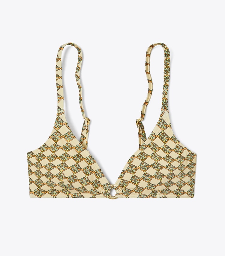 Tory Burch designer two pieces Printed Ring Bikini Top in 3D Checkered Logo Lime front