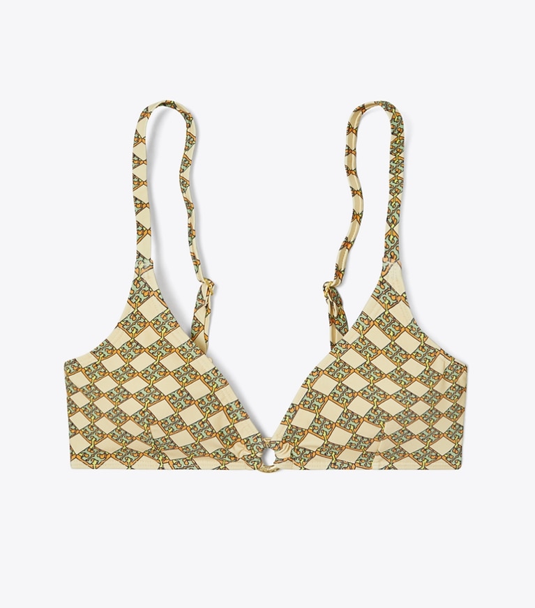 Tory Burch designer two pieces Printed Ring Bikini Top in 3D Checkered Logo Lime front
