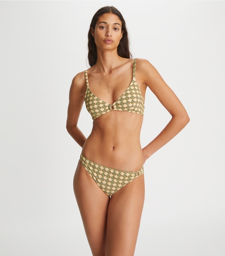 Tory Burch designer two pieces Printed Ring Bikini Top in 3D Checkered Logo Lime on model detail