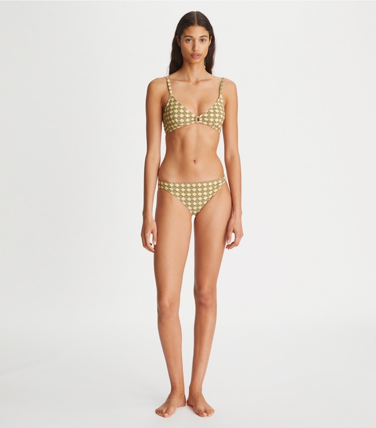 Tory Burch designer two pieces Printed Ring Bikini Top in 3D Checkered Logo Lime on model front
