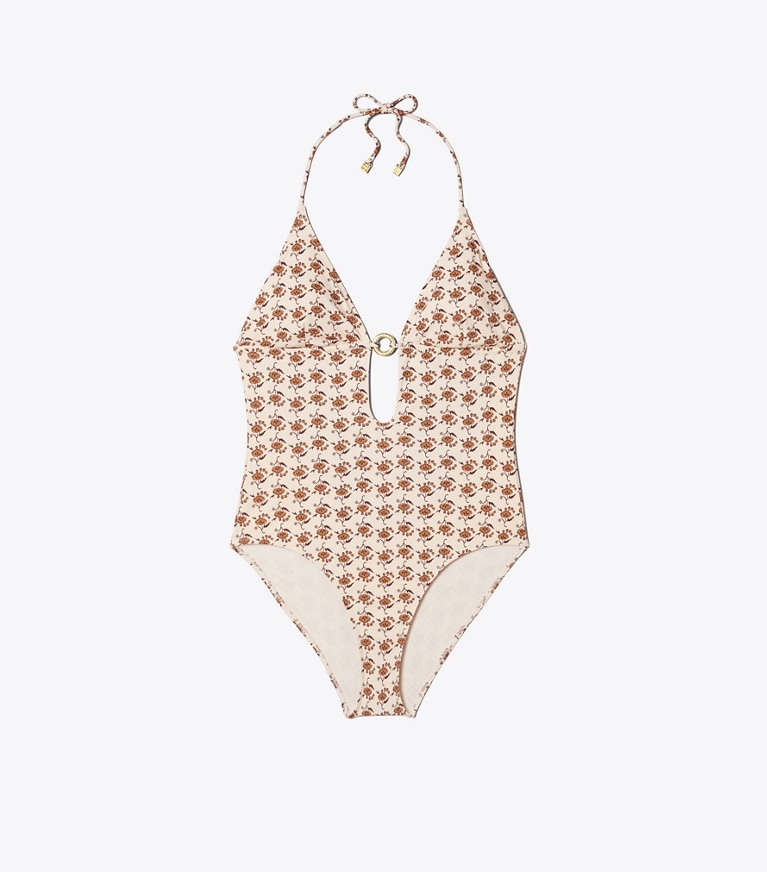 Tory Burch designer one pieces Printed Ring One-Piece Swimsuit in Curly Ditsy Logo front