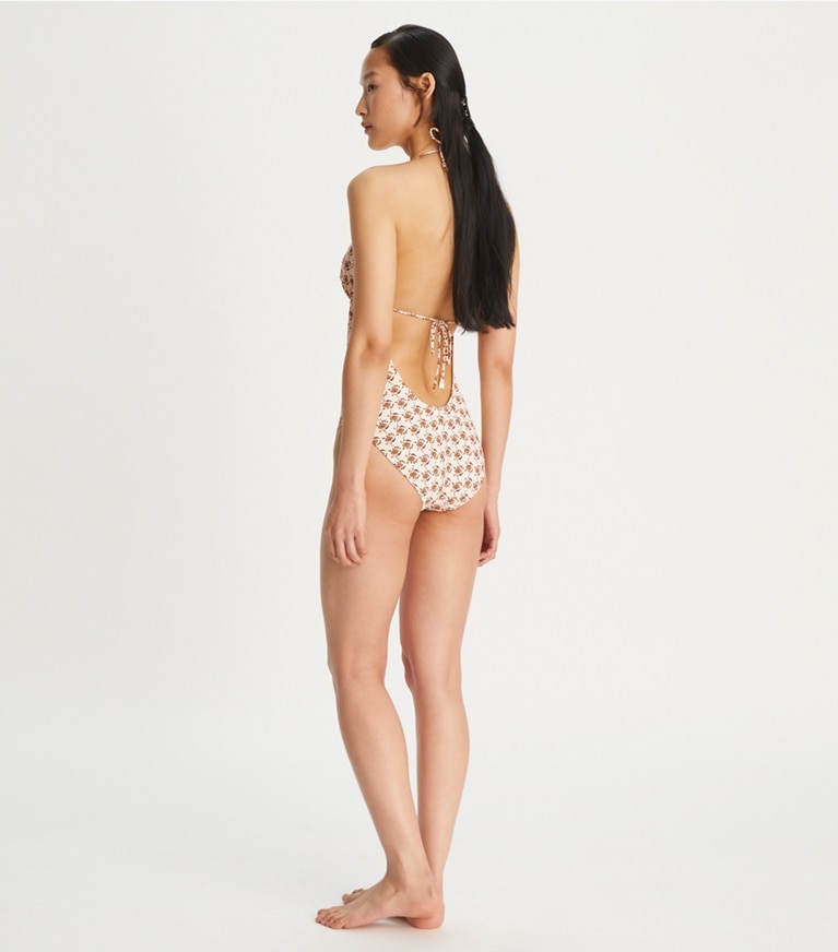 Tory Burch designer one pieces Printed Ring One-Piece Swimsuit in Curly Ditsy Logo front