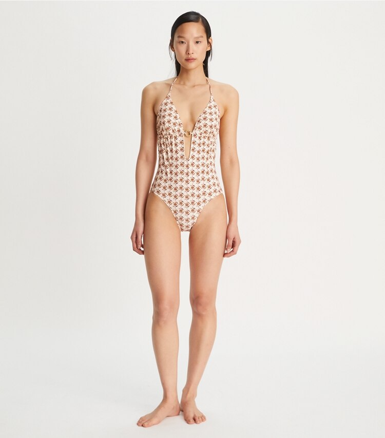 Tory Burch designer one pieces Printed Ring One-Piece Swimsuit in Curly Ditsy Logo on model front