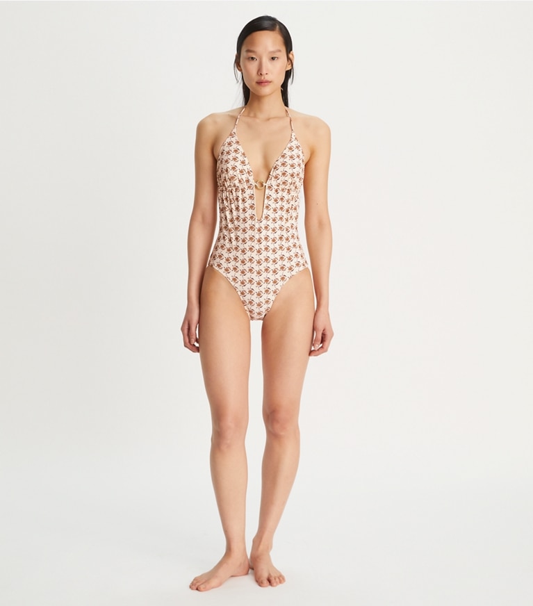 Tory Burch designer one pieces Printed Ring One-Piece Swimsuit in Curly Ditsy Logo front