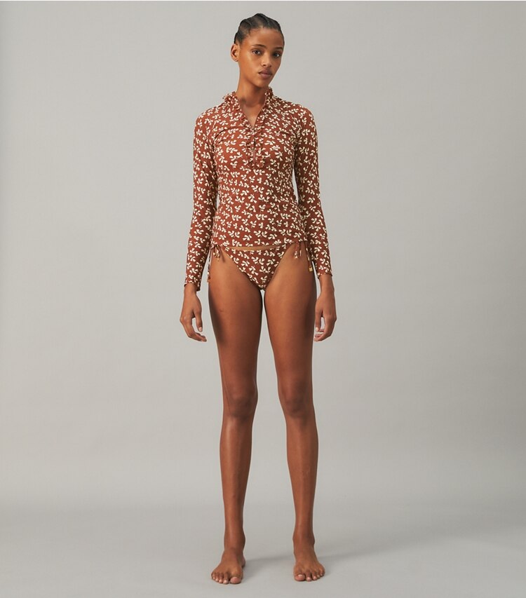 Tory Burch designer coverups Printed Ruffle Surf Shirt in RUST LITTLE LEAVES on model front