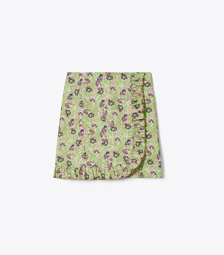 Tory Sport designer bottoms Printed Ruffle Twill Golf Skirt in Green Scribble Floral front