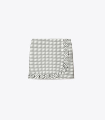Tory Sport designer bottoms Printed Ruffle Twill Golf Skirt in Grey Gradient Gingham front