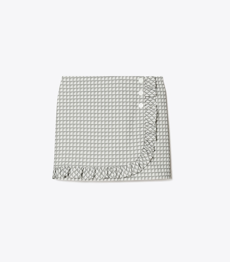 Tory Sport designer bottoms Printed Ruffle Twill Golf Skirt in Grey Gradient Gingham front