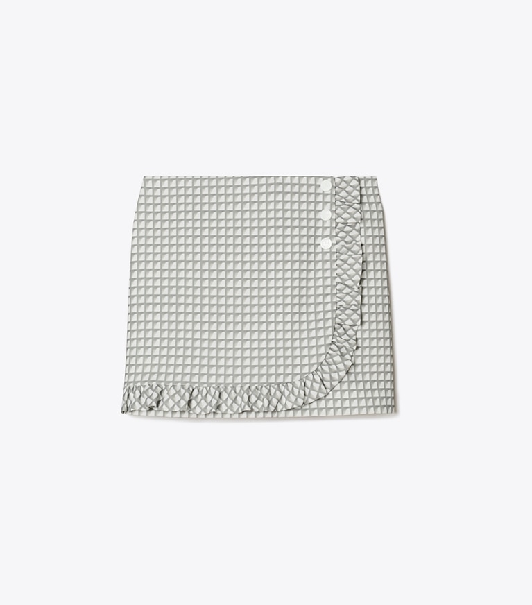Tory Sport designer bottoms Printed Ruffle Twill Golf Skirt in Grey Gradient Gingham front