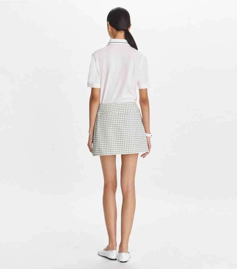 Tory Sport designer bottoms Printed Ruffle Twill Golf Skirt in Grey Gradient Gingham front
