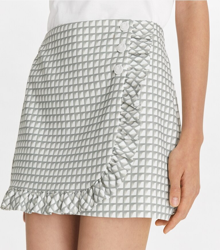 Tory Sport designer bottoms Printed Ruffle Twill Golf Skirt in Grey Gradient Gingham front