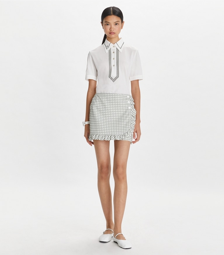 Tory Sport designer bottoms Printed Ruffle Twill Golf Skirt in Grey Gradient Gingham front