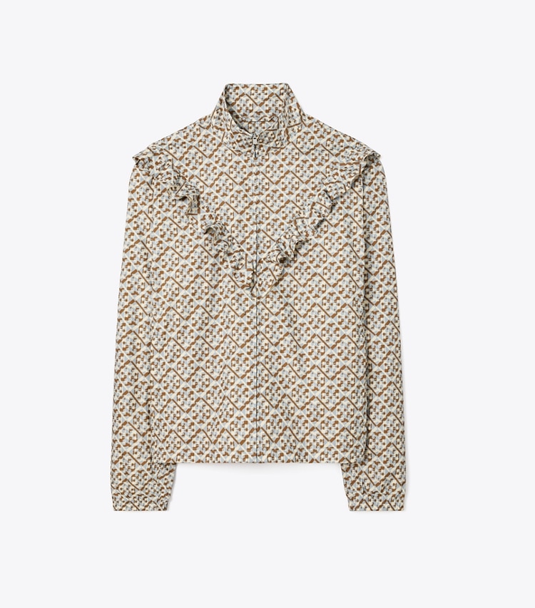 Tory Sport designer jackets Printed Ruffle Windbreaker in Prisimatic T Monogram in Slate Melange front