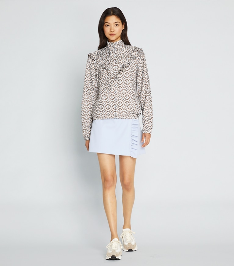 Tory Sport designer jackets Printed Ruffle Windbreaker in Prisimatic T Monogram in Slate Melange front