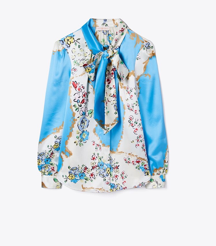 Tory Burch designer tops Printed Satin Bow Blouse in Porcelain Floral front