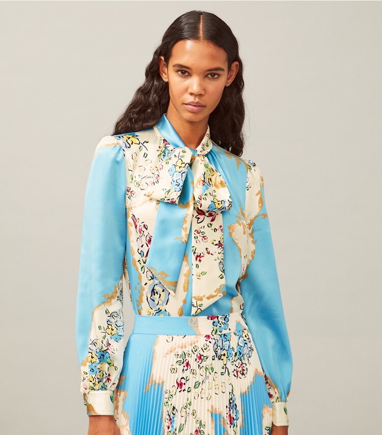 Tory Burch designer tops Printed Satin Bow Blouse in Porcelain Floral on model detail