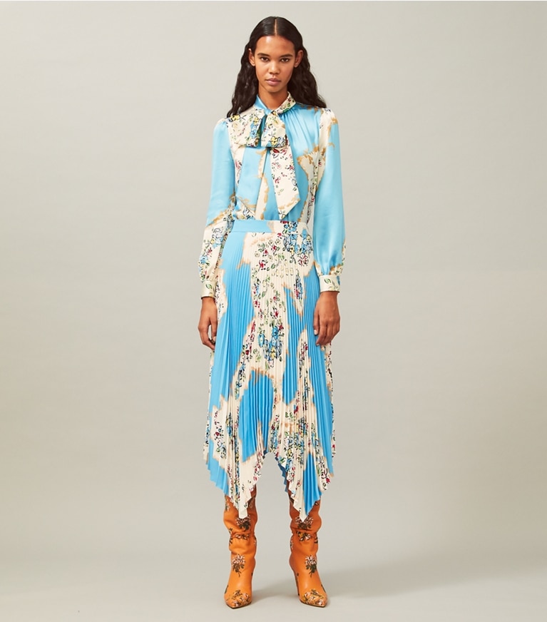 Tory Burch designer tops Printed Satin Bow Blouse in Porcelain Floral front