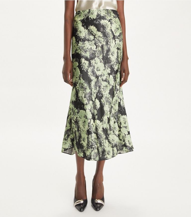 Tory Burch designer bottoms Printed Satin Skirt in Green Pixel Floral front