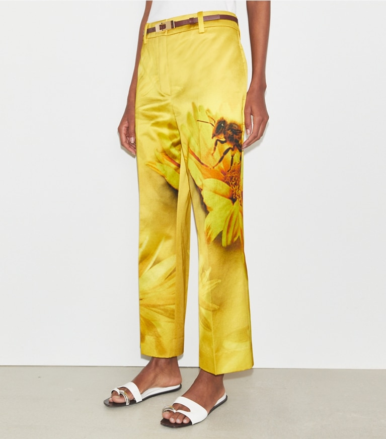 Tory Burch designer bottoms Printed Satin Trouser in Yellow Bee front