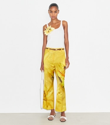 Tory Burch designer bottoms Printed Satin Trouser in Yellow Bee on model front